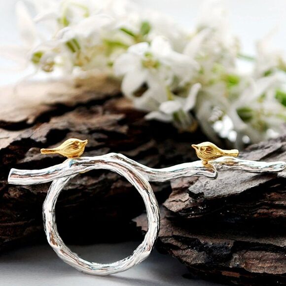 925 Sterling Silver Golden Birds on Branch Adjustable Ring - Picture 3 of 9